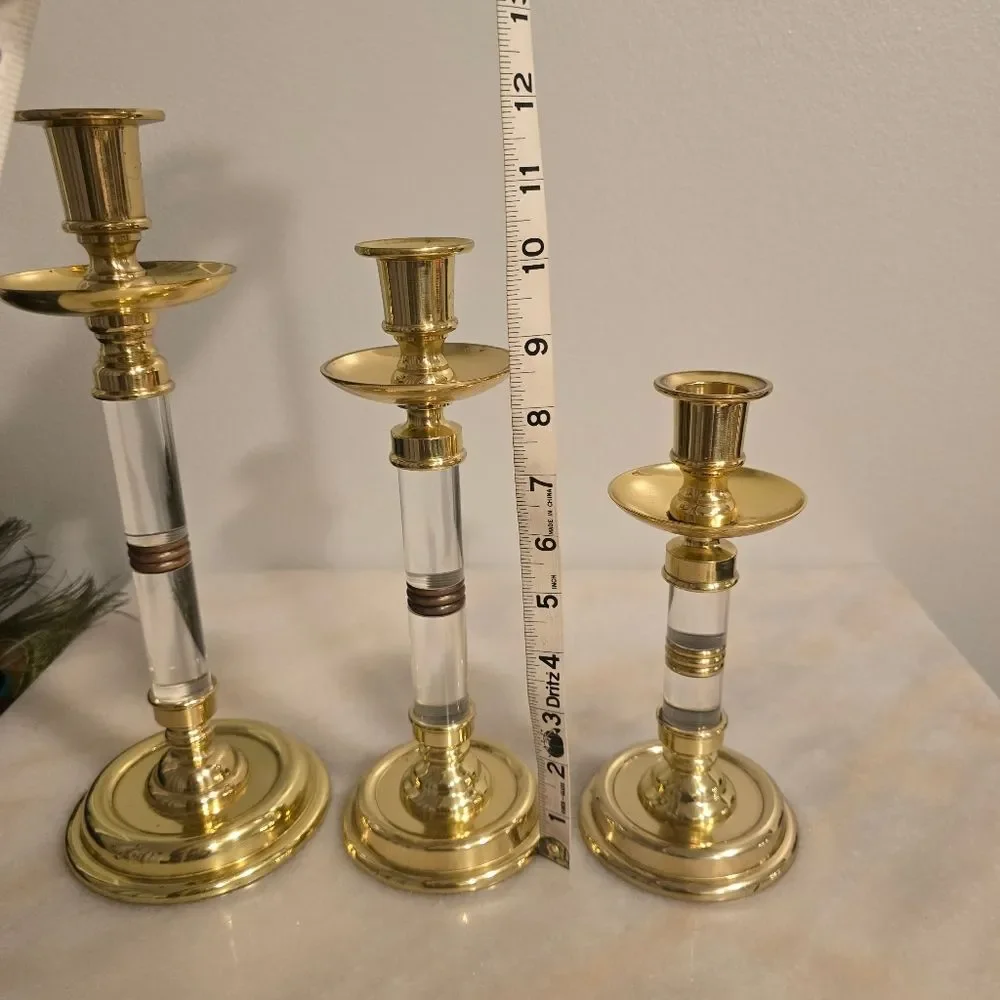 Ethan Allen Vintage MCM Brass & Lucite Candlestick Holders Set of 3